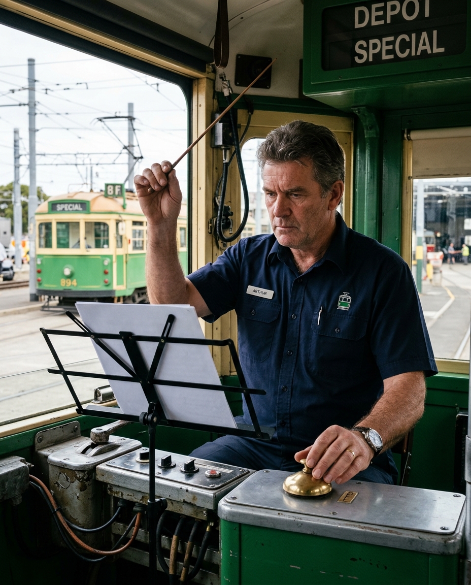 Tram driver conducting bell