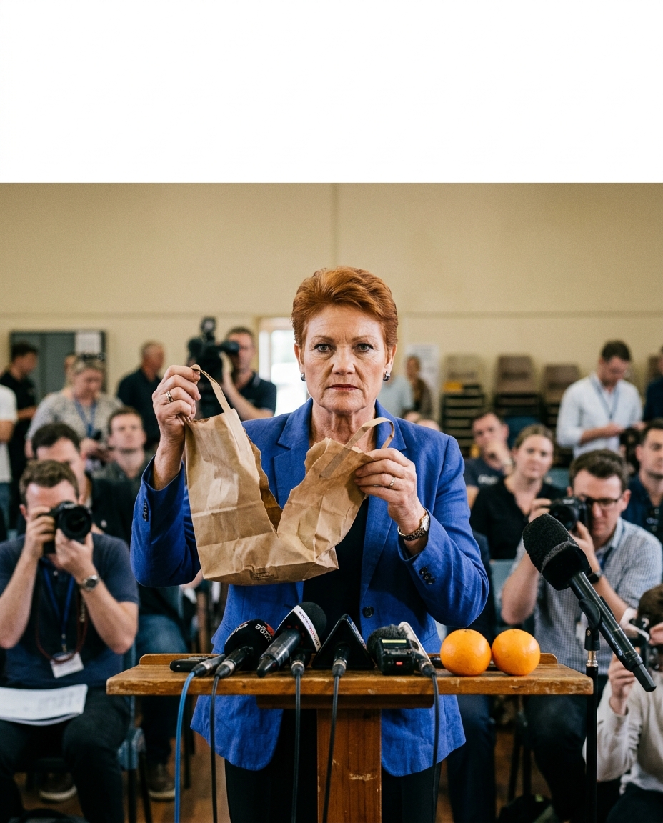 Parody press conference with torn shopping bag on lectern